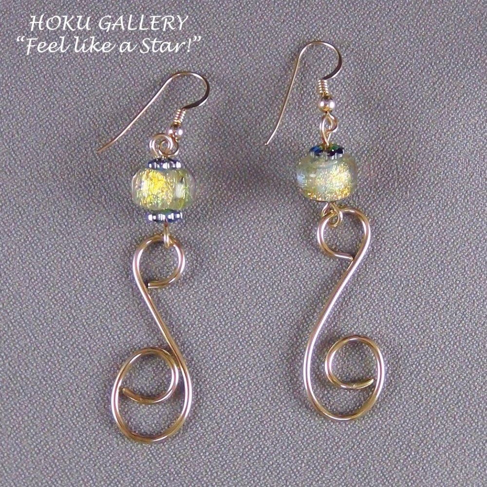 Earrings Gold Dichroic Glass Beads w/ 14k Gold Filled Wire Handmade NWOT 2.5"